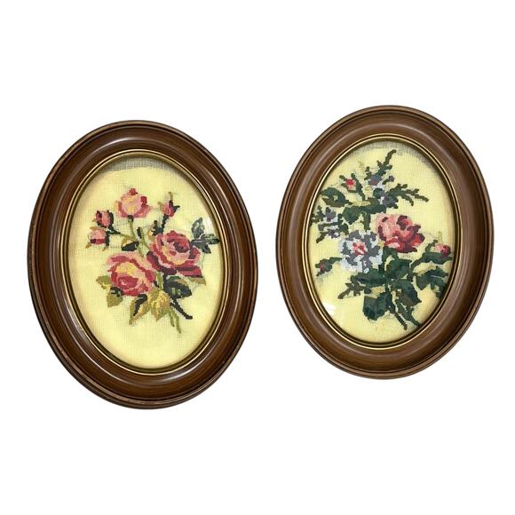 Set 2 Vintage Framed Floral  Needlepoint Oval Framed Pictures 9” x 7” - Picture 1 of 10